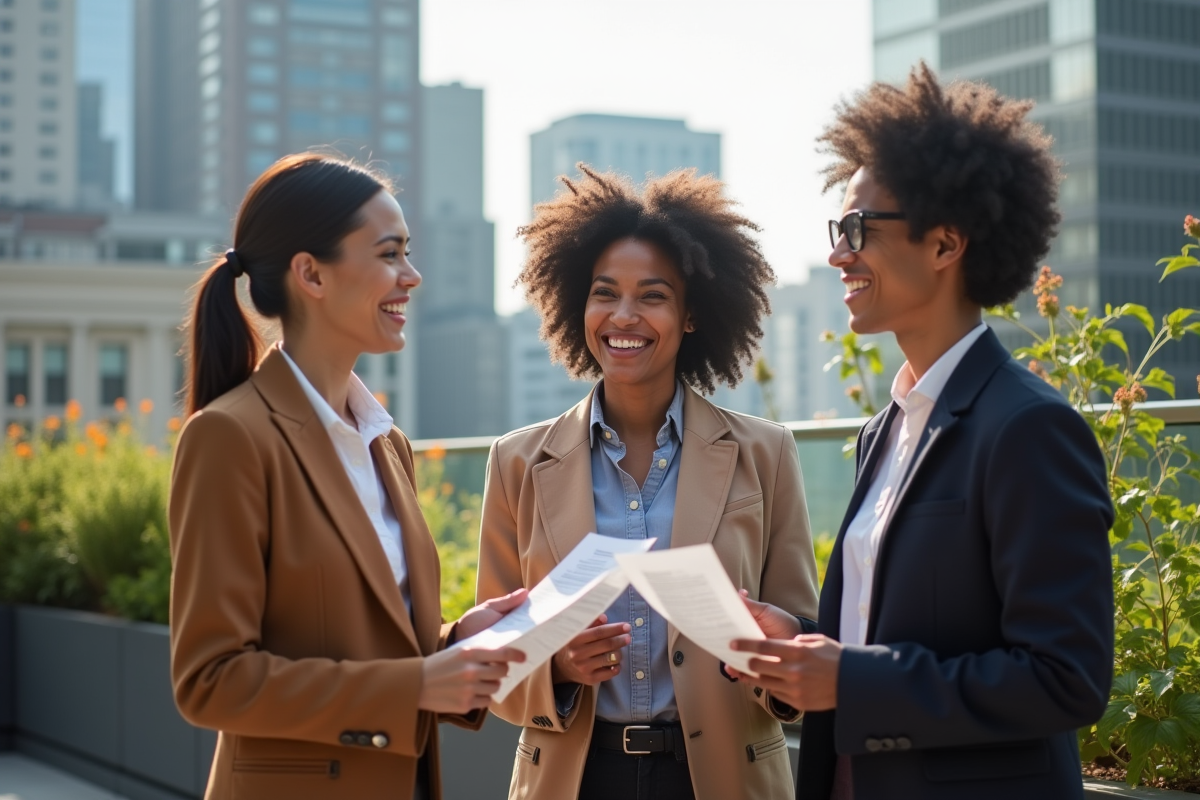 Groupe de trois personnes discutant en extérieur sur un toit urbain