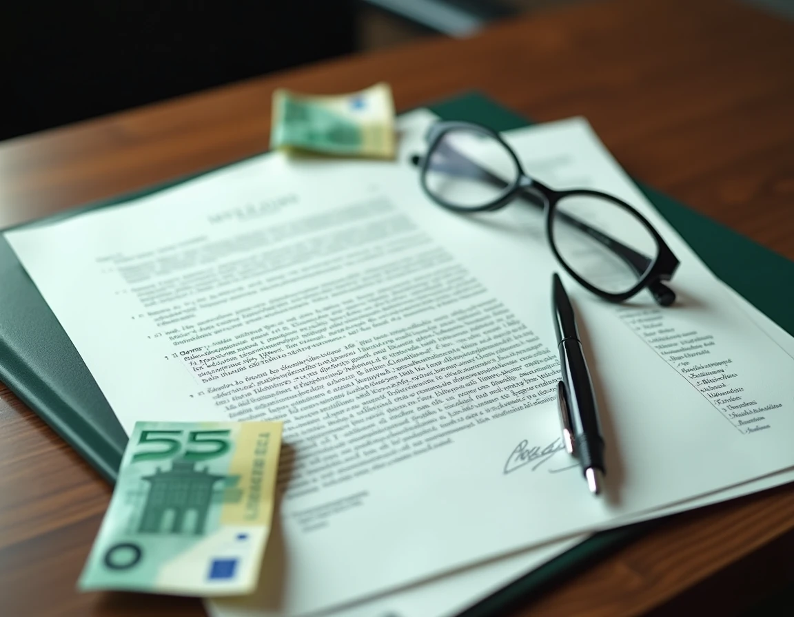 Gros plan sur des documents officiels de viager, un acte notarié et des billets en euros sur un bureau en bois, symbolisant les enjeux financiers et juridiques du viager