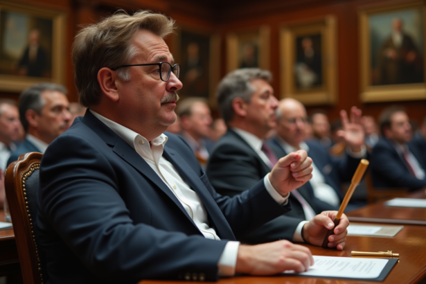 Homme d'âge moyen lors d'une enchère avec un regard concentré