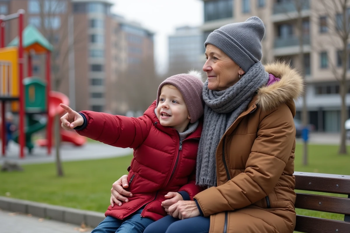Grand-mère et enfant sur un banc près d