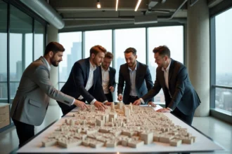 Équipe de professionnels de l'immobilier urbain autour d'une maquette architecturale dans un bureau moderne avec vue sur la métropole