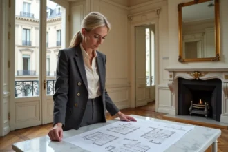 Experte immobilière évaluant les plans d'un appartement haussmannien à Paris avec parquet en point de Hongrie et moulures au plafond