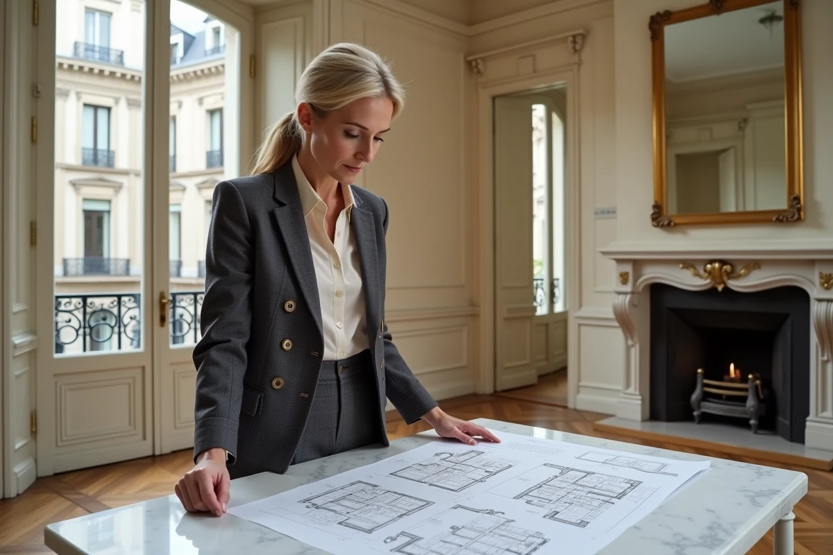 Experte immobilière évaluant les plans d'un appartement haussmannien à Paris avec parquet en point de Hongrie et moulures au plafond
