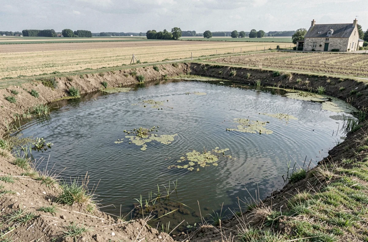 Vue aérienne d'un petit étang agricole dans une région abordable de France, entouré de champs et d'une ferme en pierre, idéal pour illustrer les prix d'achat d'étangs en 2026