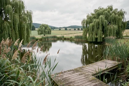 Étang rural en France entouré de saules pleureurs et de roseaux, avec un ponton en bois, illustrant les opportunités d'achat d'étang en région abordable