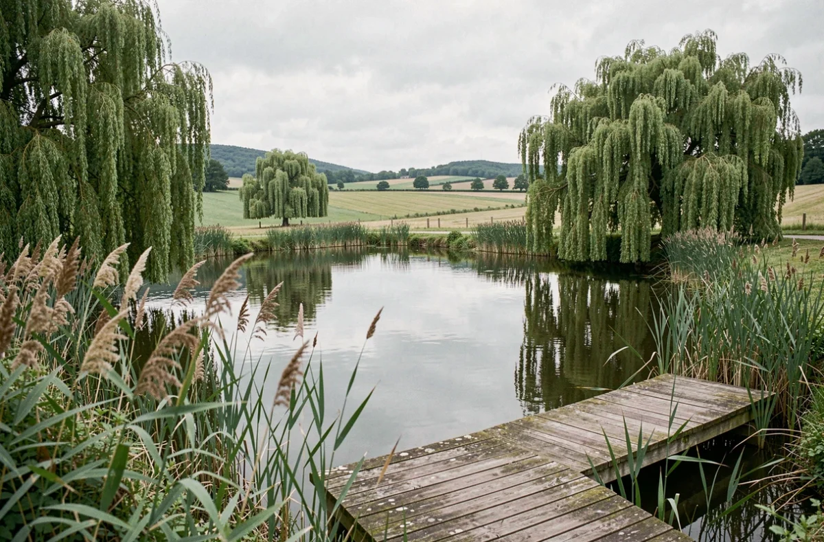 Étang rural en France entouré de saules pleureurs et de roseaux, avec un ponton en bois, illustrant les opportunités d'achat d'étang en région abordable
