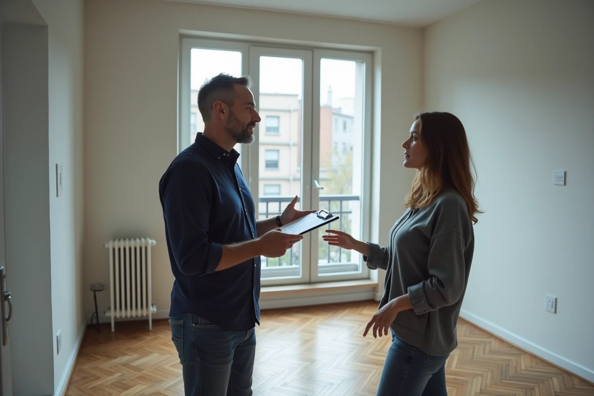 Agent immobilier et locataire discutant lors d'un état des lieux dans un appartement vide