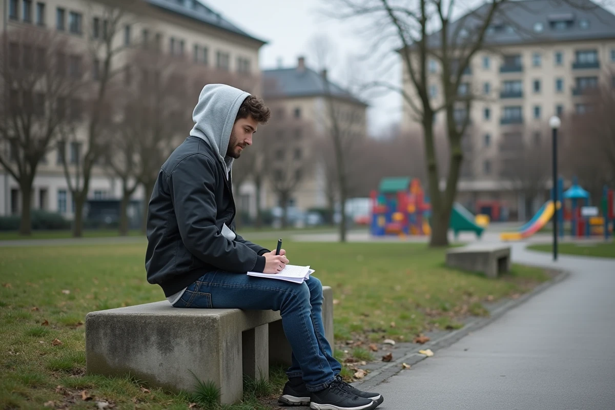 Etudiant assis seul sur un banc dans un square de Chambéry