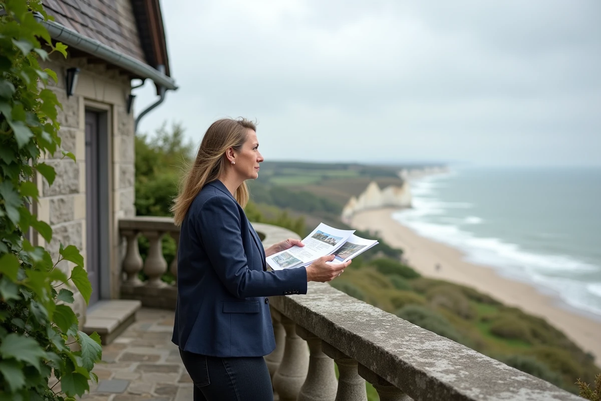 Femme évaluant le prix d'une propriété normande avec vue mer depuis la terrasse en pierre d'une maison à colombages