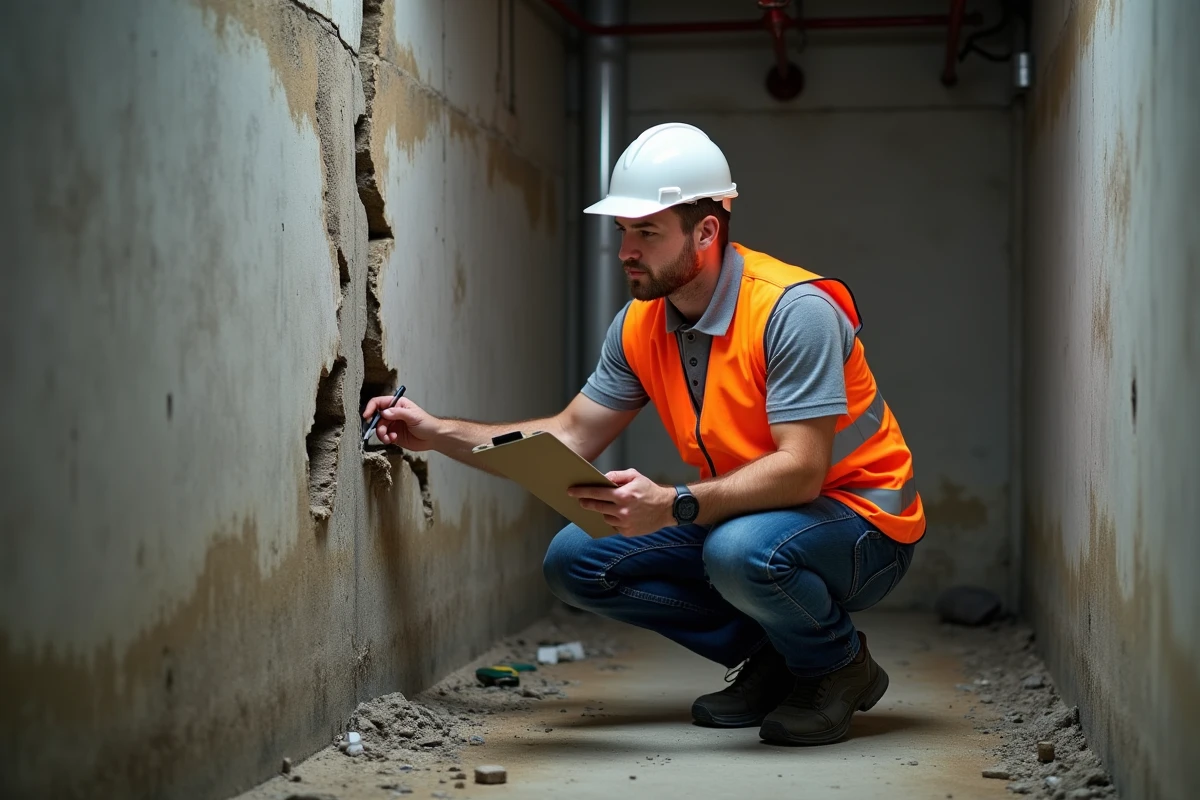 Expert en bâtiment inspectant des fissures structurelles dans une cave pour évaluer un vice caché immobilier