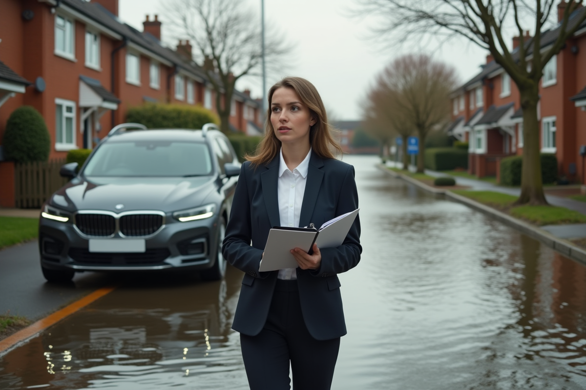 Jeune femme experte en assurance sur une rue inondée avec un carnet