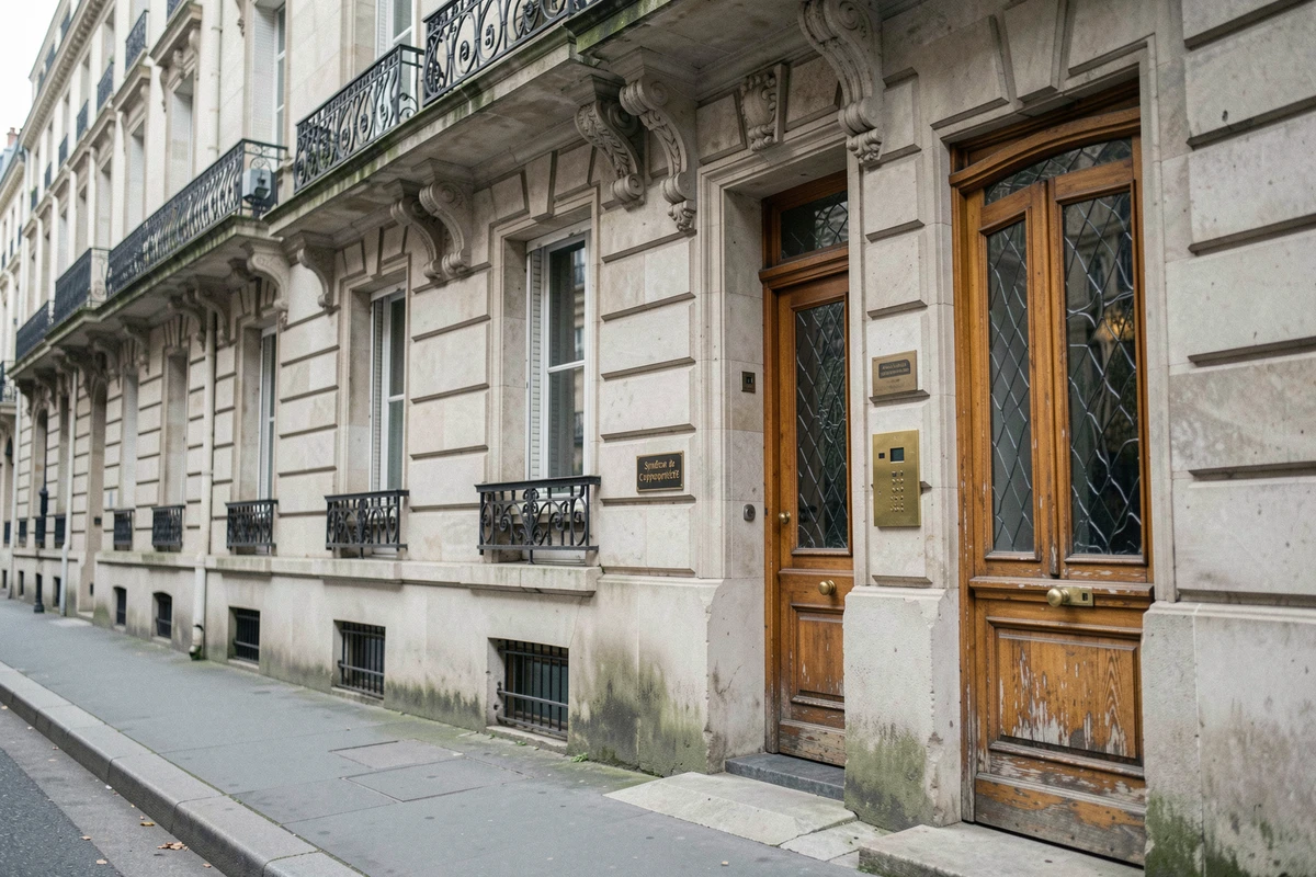 Façade d'immeuble haussmannien en copropriété avec plaque de syndicat à Paris