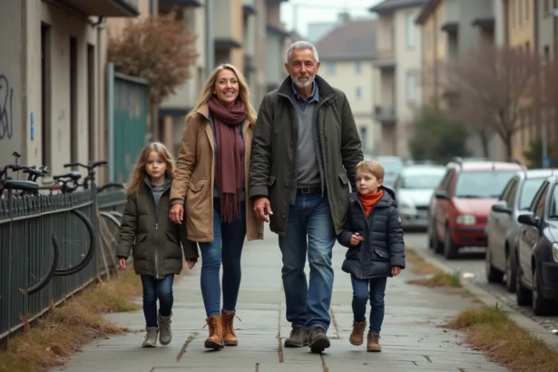 Famille en promenade dans un quartier urbain de Chambéry