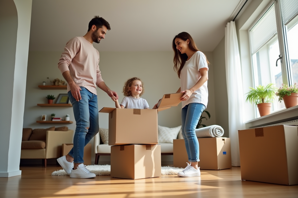 Famille heureuse organisant des cartons dans leur nouveau salon