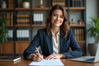 Femme d'affaires souriante dans un bureau moderne