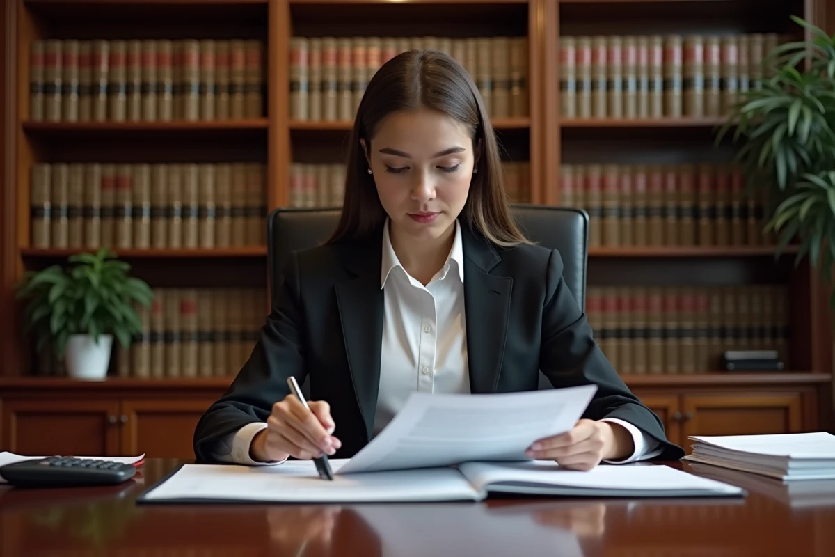 Jeune femme en bureau juridique examinant des documents