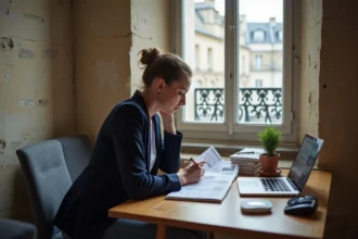Femme consultant des annonces de location immobilière dans un appartement parisien avec murs en pierre apparente
