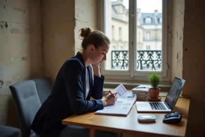 Femme consultant des annonces de location immobilière dans un appartement parisien avec murs en pierre apparente