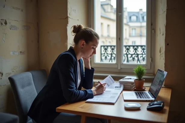 Femme consultant des annonces de location immobilière dans un appartement parisien avec murs en pierre apparente