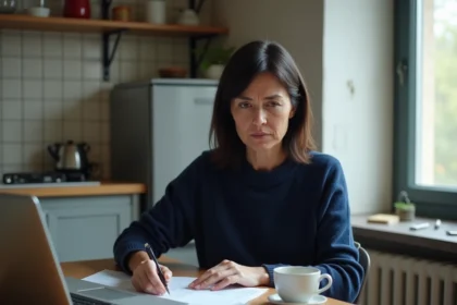 Femme en appartement modeste consultant des documents administratifs pour une demande de logement social Loccanonce