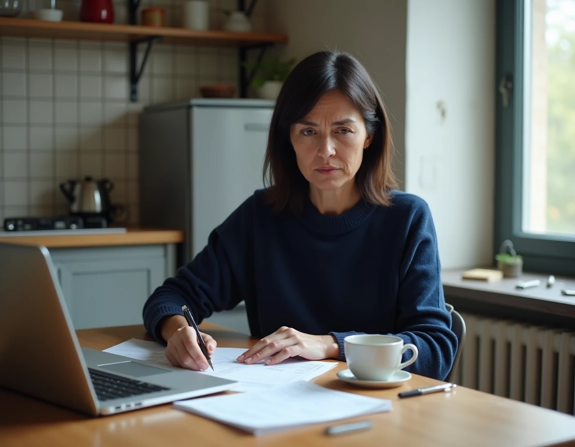 Femme en appartement modeste consultant des documents administratifs pour une demande de logement social Loccanonce