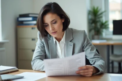 Femme consultant des documents officiels liés au dispositif SYPLO dans un bureau de service logement social