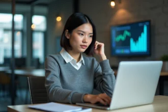Femme d'affaires examine des données de copropriete sur son ordinateur
