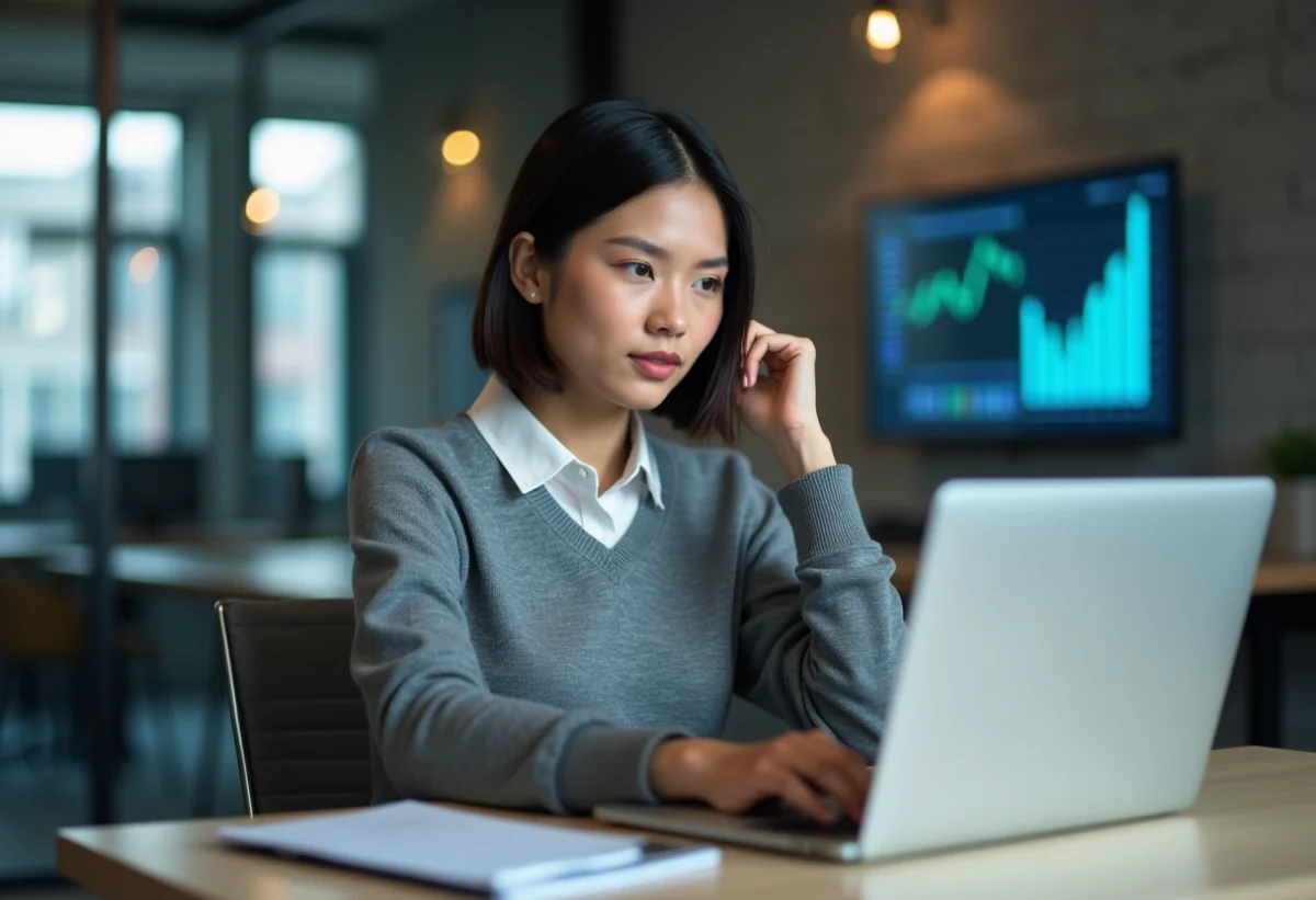 Femme d'affaires examine des données de copropriete sur son ordinateur