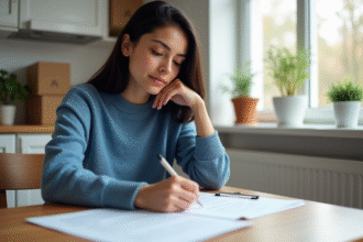 Jeune femme remplissant un formulaire de changement d'adresse dans un appartement lumineux