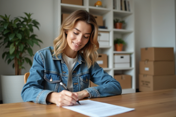 Femme remplissant formulaire de changement d'adresse dans un appartement