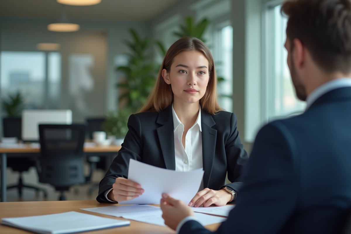 Jeune femme écoutant un conseiller bancaire dans un bureau moderne