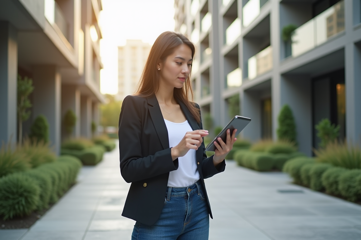 Jeune femme regardant des annonces immobilières en ville