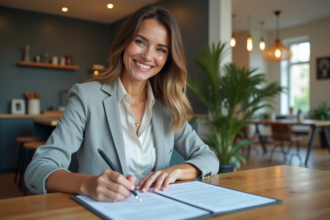 Femme souriante vérifiant documents de location dans un appartement moderne