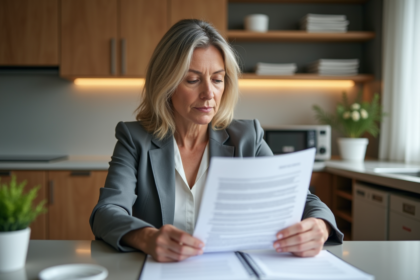 Femme d'âge moyen examinant un contrat de location dans une cuisine moderne