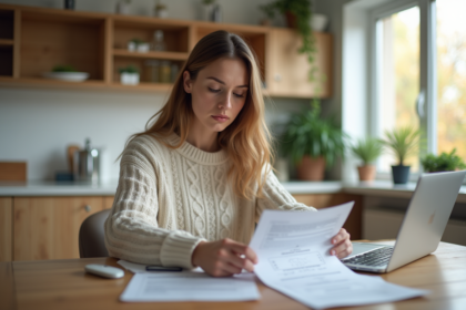Jeune femme examine documents d'assurance logement