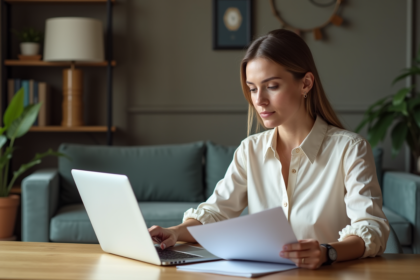 Femme en intérieur examine des documents d'assurance