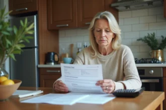 Femme d'âge moyen vérifiant des documents d'assurance à la maison