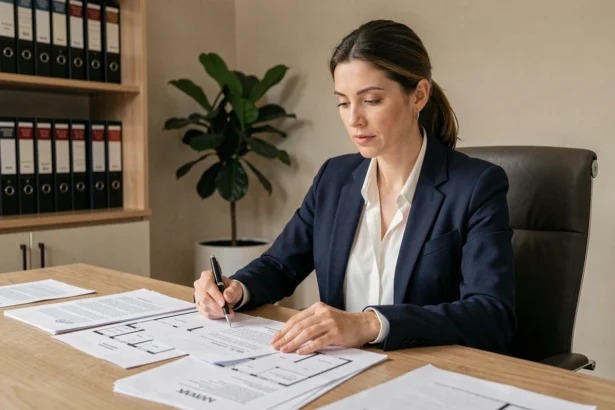 Femme entrepreneur seule qui examine des documents juridiques pour créer une SCI et acheter sa résidence principale