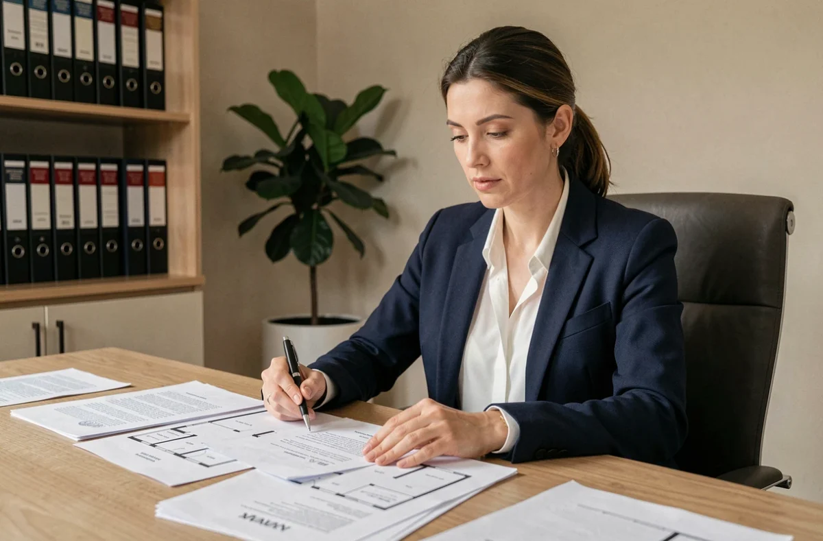 Femme entrepreneur seule qui examine des documents juridiques pour créer une SCI et acheter sa résidence principale