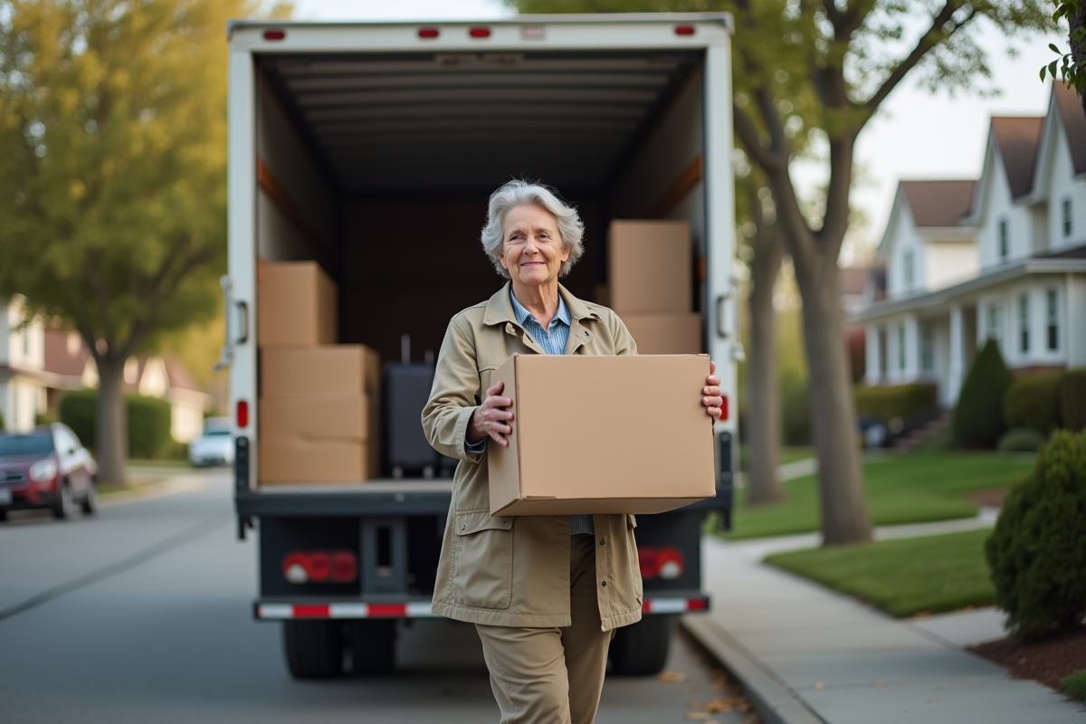Femme souriante déchargeant une boîte d’un camion de déménagement