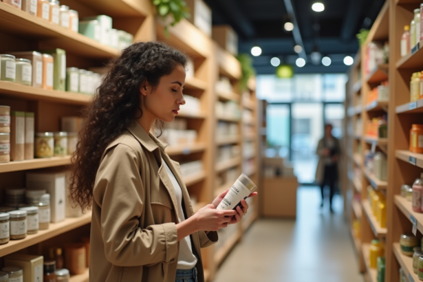 Femme examinant une étiquette de produit écologique en magasin