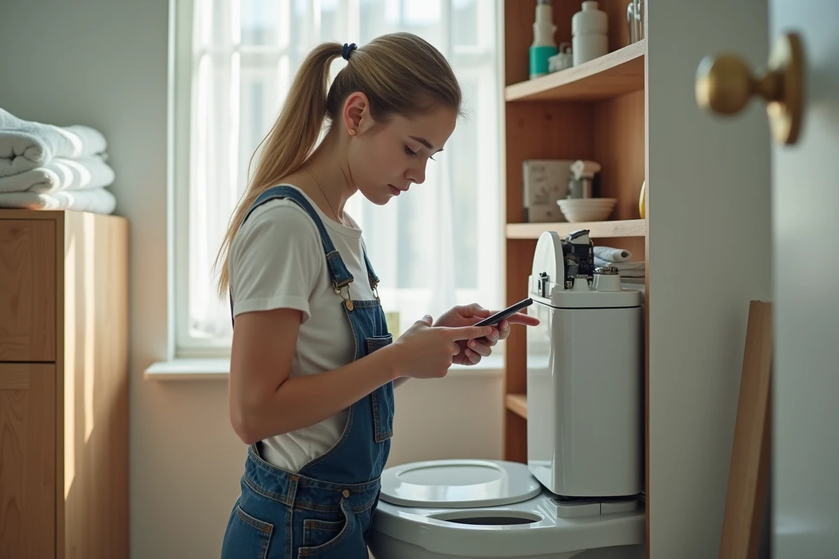 Jeune femme étudie un réservoir de toilette avec un smartphone