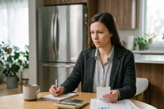 Femme en tenue businesscasual examine ses documents financiers à la maison
