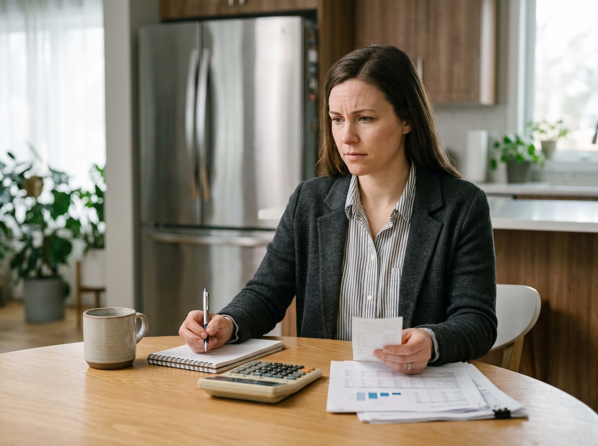 Femme en tenue businesscasual examine ses documents financiers à la maison
