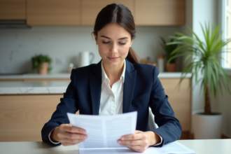 Femme française en blazer examinant des documents de prêt