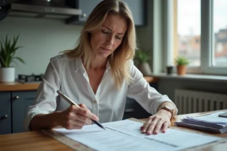 Femme d affaires examinant documents fiscaux à la maison