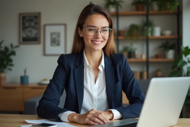 Femme confiante en bureau vérifiant annonces immobilières