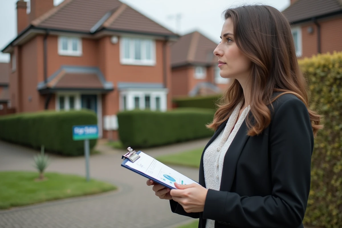 Jeune femme regardant une maison en banlieue