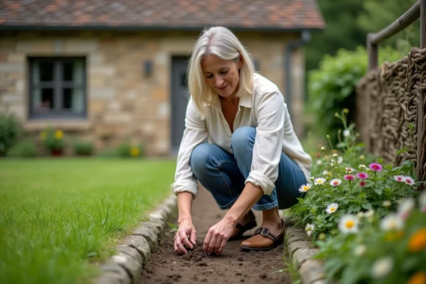 Femme plantant des fleurs dans un jardin en Gers