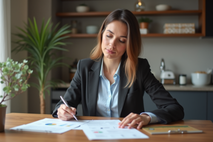Femme concentrée étudiant des documents immobiliers à la maison